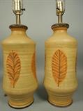 Lot 539:  Pair Decorator Italian Pottery Table Lamps.  Applied and carved decoration. 17.5" pottery.: Dimensions:  H: 31.5 inches: W: 8 inches --- 