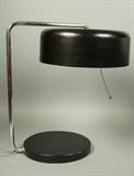 Lot 542:  Modernist Table Lamp Chrome and Black Metal.  Swing Shade.  Possibly replaced socket.: Dimensions:  H: 19 inches: W: 11.5 inches: D: 13.5 inches --- 