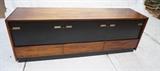 Lot 544:  Danish Modern Rosewood Credenza Cabinet.  3 drop down doors over 3 drawers.  Black front doors.: Dimensions:  H: 26.25 inches: W: 73.5 inches: D: 18 inches --- 