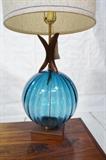 Lot 545:  Modernist Glass Ball Table Lamp.  Wood accents.  Pieri Creations Tag.  American Modern.: Dimensions:  H: 42 inches --- 