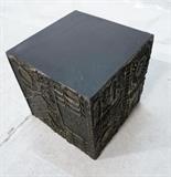 Lot 546:  Paul Evans Style Cube Table with Black Laminate Top.  Gesso Brutalist design.: Dimensions:  H: 16 inches: W: 16.5 inches: D: 16.5 inches --- 