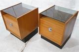 Lot 552:  Pr Danish Modern Teak Side Tables Night Stands. Smoked Glass Tops. Two Drawers. : Dimensions:  H: 22.75 inches: W: 18.25 inches: D: 19 inches --- 