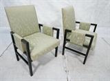 Lot 559:  Pr Dunbar style Black Lacquer Arm Lounge Chairs. Green Upholstery. : Dimensions:  H: 35.5 inches: W: 24.5 inches: D: 23 inches --- 