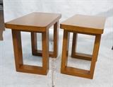 Lot 568:  Pr Paul Frankl attributed Side Tables. 1.5" thick top on 3 3/4" thick wide wood bases. : Dimensions:  H: 21 inches: W: 28 inches: D: 14.5 inches --- 