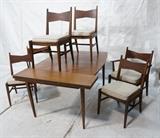 Lot 569:  LANE Dining Table. 6 Chairs. Arched Side Dining Table. Rosewood Butterfly inlay. Six matching chairs: 2 arm, 4 side. Two 12" leaves. : Dimensions:  H: 29 inches: W: 62 inches: D: 42 inches --- 