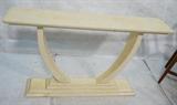 Lot 572:  KARL SPRINGER style Console Sofa Table. Tessellated veneer. Arched base. Narrow top. Not marked: Dimensions:  H: 31 inches: W: 54 inches: D: 12 inches --- 