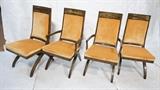 Lot 579:  Set 4 Bernhard Rohne MASTERCRAFT Brass Dining Chairs. Two Arm Chairs. Two Sides. Tall back with "X" bases. Paper labels: Dimensions:  H: 41 inches: W: 22 inches: D: 25 inches --- 