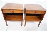 Lot 585:  Pr Modernist One Drawer Night Stands. One drawer over open storage side tables. Wood hourglass pulls. Knoll or Jens Risom style: Dimensions:  H: 25.5 inches: W: 21.25 inches: D: 18 inches --- 