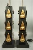 Lot 589:  Pr Brutalist Ebonized Square Column Lamps. Hammered Brass Elements. : Dimensions:  H: 36 inches: W: 6.75 inches --- 