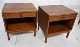 Lot 590:  Pr Modernist One Drawer Night Stands. One drawer over open storage side tables. Wood hourglass pulls. Knoll or Jens Risom style: Dimensions:  H: 22.5 inches: W: 21.25 inches: D: 18 inches --- 