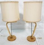 Lot 592:  Pr 50's Modern Bamboo Tiki Lamps. Paul Frankl style. Three bamboo bands. : Dimensions:  H: 44 inches --- 