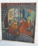 Lot 599:  STUART EGNAL Modernist Interior Painting. Oil on Canvas. Pencil signed on stretcher. There is a second painting, perhaps a study. on the back. Two works for one money. STUART M. EGNAL (Philadelphia Artist), 1940-1966. In a life too brief, Mr. Egnal created art passionately and prolifically. A graduate of the Philadelphia College of Art (B.F.A.) and The University of Pennsylvania Graduate School of Fine Arts (M.F.A.) His body of work includes Sculpture, Painting, and Prints. His work is in the Collections of The Philadelphia Museum of Art; The National Gallery of Art, Washington, D.C; The Free Library of Philadelphia and other public and private collections. His work was exhibited in 1965 at The Print Club of Phila. A Retrospective Exhibition of his work was held in the Spring of 1967 sponsored by The Faculty of the Department of Fine Arts, Univ. of Penna. In 2006, to commemorate his life and passing 40 years earlier, The University City Arts League exhibited his work: Dimens