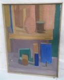 Lot 600:  STUART EGNAL Modernist Dual Still Life. Oil Painting on Canvas. 1963. Stencil signed on stretcher. STUART M. EGNAL (Philadelphia Artist), 1940-1966. In a life too brief, Mr. Egnal created art passionately and prolifically. A graduate of the Philadelphia College of Art (B.F.A.) and The University of Pennsylvania Graduate School of Fine Arts (M.F.A.) His body of work includes Sculpture, Painting, and Prints. His work is in the Collections of The Philadelphia Museum of Art; The National Gallery of Art, Washington, D.C; The Free Library of Philadelphia and other public and private collections. His work was exhibited in 1965 at The Print Club of Phila. A Retrospective Exhibition of his work was held in the Spring of 1967 sponsored by The Faculty of the Department of Fine Arts, Univ. of Penna. In 2006, to commemorate his life and passing 40 years earlier, The University City Arts League exhibited his work: Dimensions:  H: 24 inches: W: 18 inches --- 