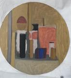 Lot 601:  STUART EGNAL Modernist  Still Life Painting. Round. Oil on Cardboard. 1963. Stencil signed. STUART M. EGNAL (Philadelphia Artist), 1940-1966. In a life too brief, Mr. Egnal created art passionately and prolifically. A graduate of the Philadelphia College of Art (B.F.A.) and The University of Pennsylvania Graduate School of Fine Arts (M.F.A.) His body of work includes Sculpture, Painting, and Prints. His work is in the Collections of The Philadelphia Museum of Art; The National Gallery of Art, Washington, D.C; The Free Library of Philadelphia and other public and private collections. His work was exhibited in 1965 at The Print Club of Phila. A Retrospective Exhibition of his work was held in the Spring of 1967 sponsored by The Faculty of the Department of Fine Arts, Univ. of Penna. In 2006, to commemorate his life and passing 40 years earlier, The University City Arts League exhibited his work: Dimensions:  H: 31.75 inches: W: 31.75 inches --- 