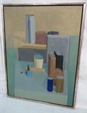 Lot 604:  Large STUART EGNAL Modernist Still Life. Abstract Oil Painting on Canvas. 1963. Ink signature on frame. STUART M. EGNAL (Philadelphia Artist), 1940-1966. In a life too brief, Mr. Egnal created art passionately and prolifically. A graduate of the Philadelphia College of Art (B.F.A.) and The University of Pennsylvania Graduate School of Fine Arts (M.F.A.) His body of work includes Sculpture, Painting, and Prints. His work is in the Collections of The Philadelphia Museum of Art; The National Gallery of Art, Washington, D.C; The Free Library of Philadelphia and other public and private collections. His work was exhibited in 1965 at The Print Club of Phila. A Retrospective Exhibition of his work was held in the Spring of 1967 sponsored by The Faculty of the Department of Fine Arts, Univ. of Penna. In 2006, to commemorate his life and passing 40 years earlier, The University City Arts League exhibited his work: Dimensions:  Image Size: H: 32 inches: W: 24 inches --- 