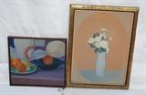 Lot 605:  2pc STUART EGNAL Modernist Still Lifes. Abstract Oil Painting on Canvas. 1. Flowers, 1964. 2. Fruit Still Life, marked PMCA 1962. Ink signature on frame. STUART M. EGNAL (Philadelphia Artist), 1940-1966. In a life too brief, Mr. Egnal created art passionately and prolifically. A graduate of the Philadelphia College of Art (B.F.A.) and The University of Pennsylvania Graduate School of Fine Arts (M.F.A.) His body of work includes Sculpture, Painting, and Prints. His work is in the Collections of The Philadelphia Museum of Art; The National Gallery of Art, Washington, D.C; The Free Library of Philadelphia and other public and private collections. His work was exhibited in 1965 at The Print Club of Phila. A Retrospective Exhibition of his work was held in the Spring of 1967 sponsored by The Faculty of the Department of Fine Arts, Univ. of Penna. In 2006, to commemorate his life and passing 40 years earlier, The University City Arts League exhibited his work: Dimensions:  Image S