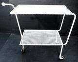 Lot 616:  White Modernist Iron Bar Cart. Mesh shelves.  Wood ball handle.: Dimensions:  H: 32.5 inches: W: 30 inches: D: 16.5 inches --- 