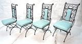 Lot 622:  Set 4 Salterini Style Tall Back Dining Chairs.  Heavy Iron Frames.  Sky blue upholstery.: Dimensions:  H: 39 inches: W: 17 inches: D: 22 inches --- 