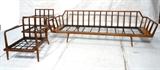 Lot 624:  3 pc set -  Pair Adrian Pearsall Attributed Lounge Chairs and Sofa.  Nice wood frames with unique back.  Iron seat inserts.: Dimensions:  H: 26.5 inches: W: 29.5 inches: D: 29 inches --- 