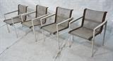 Lot 629:  Set 4 RICHARD SCHULTZ Patio Outdoor Chairs. Mesh on aluminum frames. Leather trim. : Dimensions:  H: 29.5 inches: W: 23 inches: D: 25 inches --- 