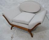 Lot 635:  Large Oversized Lounge Chair. Pearsall style. Upholstered seat with exposed wood frame & legs. : Dimensions:  H: 30 inches: W: 47 inches: D: 30 inches --- 