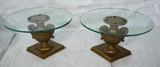 Lot 637:  Pr Decorator End Tables. Gilt Wood Urn Shaped Base with 3/4" Glass Tops. : Dimensions:  H: 17.5 inches: W: 28 inches: D: 20 inches --- 