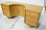 Lot 644:  Blond Wood Mid Century Vanity. Frankl style. Missing Mirror. No handles. Six drawers with curved fronts. Two pedestal bases. : Dimensions:  H: 25 inches: W: 55 inches: D: 18 inches --- 