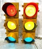 Lot 649:  2pc Traffic Lights with Hoods. Eagle Signal Co. Aluminum with Glass Lens. : Dimensions:  H: 30 inches: W: 12 inches: D: 13 inches --- 