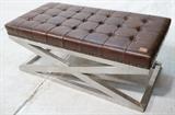 Lot 651:  Contemporary Aluminum "X" Base Bench. Brown Tufted Leather Seat. Metal brad trim: Dimensions:  H: 20 inches: W: 48 inches: D: 25 inches --- 