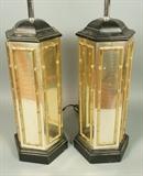 Lot 654:  Pr Decorator Lamps. Faux Bamboo Accents on Metal "Mirrored" Finish. Ebonized Wood Caps & Base. : Dimensions:  H: 38 inches: W: 8 inches: D: 8 inches --- 