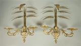 Lot 660:  Pr Brass Leaf Design Decorator Wall Sconces. Candle holders. Italian style: Dimensions:  H: 20 inches: W: 15 inches: D: 8 inches --- 