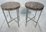 Lot 662:  Pr ZAGRAPHOS style Marble Side Tables. Round Painted Silver Iron Frame Base. Thick marble tops: Dimensions:  H: 28 inches: W: 18 inches: D: 18 inches --- 