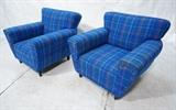 Lot 666:  Pr Oversized Plaid Lounge Chairs. Wide upholstered arms and deep back. Ebonized legs. Rohde style. : Dimensions:  H: 30 inches: W: 35 inches: D: 34 inches --- 
