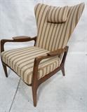Lot 669:  Adrian PEARSALL Tall Wing Back Arm Chair. Walnut American Modern Paddle Arm Lounge Chair. Striped fabric upholstery. : Dimensions:  H: 37 inches: W: 30 inches: D: 34 inches --- 