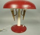 Lot 676:  40's Italian Brass & Aluminum Table Desl Lamp. Red Painted base and shade. Two Brass Arms. : Dimensions:  H: 15 inches: W: 14 inches: D: 14 inches --- 