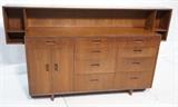 Lot 680:  HERITAGE HENREDON  by FRANK LLOYD WRIGHT Sideboard Credenza. Taliesin Model. Lift off Gallery Shelves. Signature carved moulding trim. Branded : Dimensions:  H: 46 inches: W: 86 inches: D: 20 inches --- 