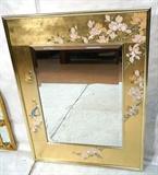 Lot 682:  LaBarge Eglomise Wall Mirror. Artist signed C ADAMS 1988. Floral & Bird design. Beveled: Dimensions:  H: 43.5 inches: W: 33 inches --- 