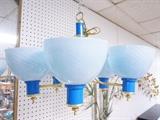 Lot 688:  Blue Glass Hanging Light Chandelier with 5 brass arms. Modernist. : Dimensions:  H: 16 inches: W: 25 inches --- 