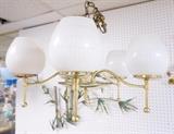 Lot 689:  White Glass Hanging Light Chandelier with 5 brass arms. Modernist.  Striped white glass shades: Dimensions:  H: 17 inches: W: 23 inches --- 