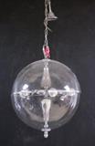 Lot 692:  Spherical Plastic Globe Hanging Light Chandelier. SELINE Hang Tag.  chrome fixtures holds 6 bulbs. Modernist. : Dimensions:  H: 21 inches: W: 15 inches: D: 15 inches --- 