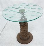 Lot 698:  Industrial Glass & Iron Magiscope Side Table. Cam Shaft Base with Glass Top. Marked F Bejar. : Dimensions:  H: 23 inches --- 