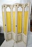 Lot 721:  French style Five Panel Folding Screen Room Divider. Paint decorated with Gold Fabric Panels: Dimensions:  H: 82 inches: W: 75 inches --- 