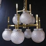 Lot 726:  Brass & Chrome SCIOLARI style Hanging Light Chandelier. Nine arms with Ball glass shades: Dimensions:  H: 23 inches: W: 27 inches: D: 27 inches --- 