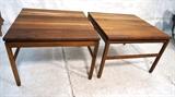 Lot 737:  Pr Square Walnut American Modern Side Tables. End Tables with square Leg & Frames. H. KRUG Branded mark. Canadian. : Dimensions:  H: 21 inches: W: 29.5 inches: D: 29.5 inches --- 