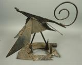 Lot 752:  Brutalist Industrial Welded Metal Figural Table Sculpture. Signed Rayman??: Dimensions:  H: 16.25+ inches: W: 15 inches: D: 11 inches --- 