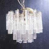 Lot 763:  Small CAMER Glass Prism Hanging Pendant Light Chandelier. Three sided prisms in multi tiers.: Dimensions:  H: 13 inches: W: 14 inches: D: 14 inches --- 
