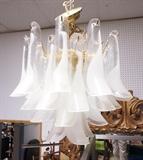 Lot 766:  Glass Petal Paddle Hanging Pendant Light Chandelier. Multi tiered cased glass petal form drops. Brass frame. : Dimensions:  H: 20 inches: W: 20 inches: D: 20 inches --- 
