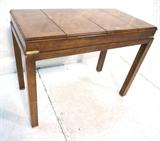 Lot 787:  LANE Flip Top Game table. Burl Wood. Top opens for backgammon game. Bakelite chips. : Dimensions:  H: 29.25 inches: W: 38 inches: D: 19.5 inches --- 