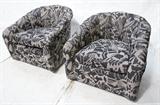 Lot 791:  Pr Swivel Barrel Back Club Lounge Chairs. Jazz Era inspired  Fabric.: Dimensions:  H: 28 inches: W: 33 inches: D: 33 inches --- 