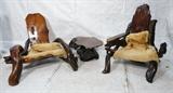 Lot 795:  3pc Heavy Wood "Driftwood" Chairs & Table. Two Lounge Chairs & Table. Woven seats. Rebar reinforcement. Loose Lambskin covers throws. Al natural & burl wood. He man furniture. : Dimensions:  H: 35.5 inches: W: 48 inches: D: 43 inches --- 